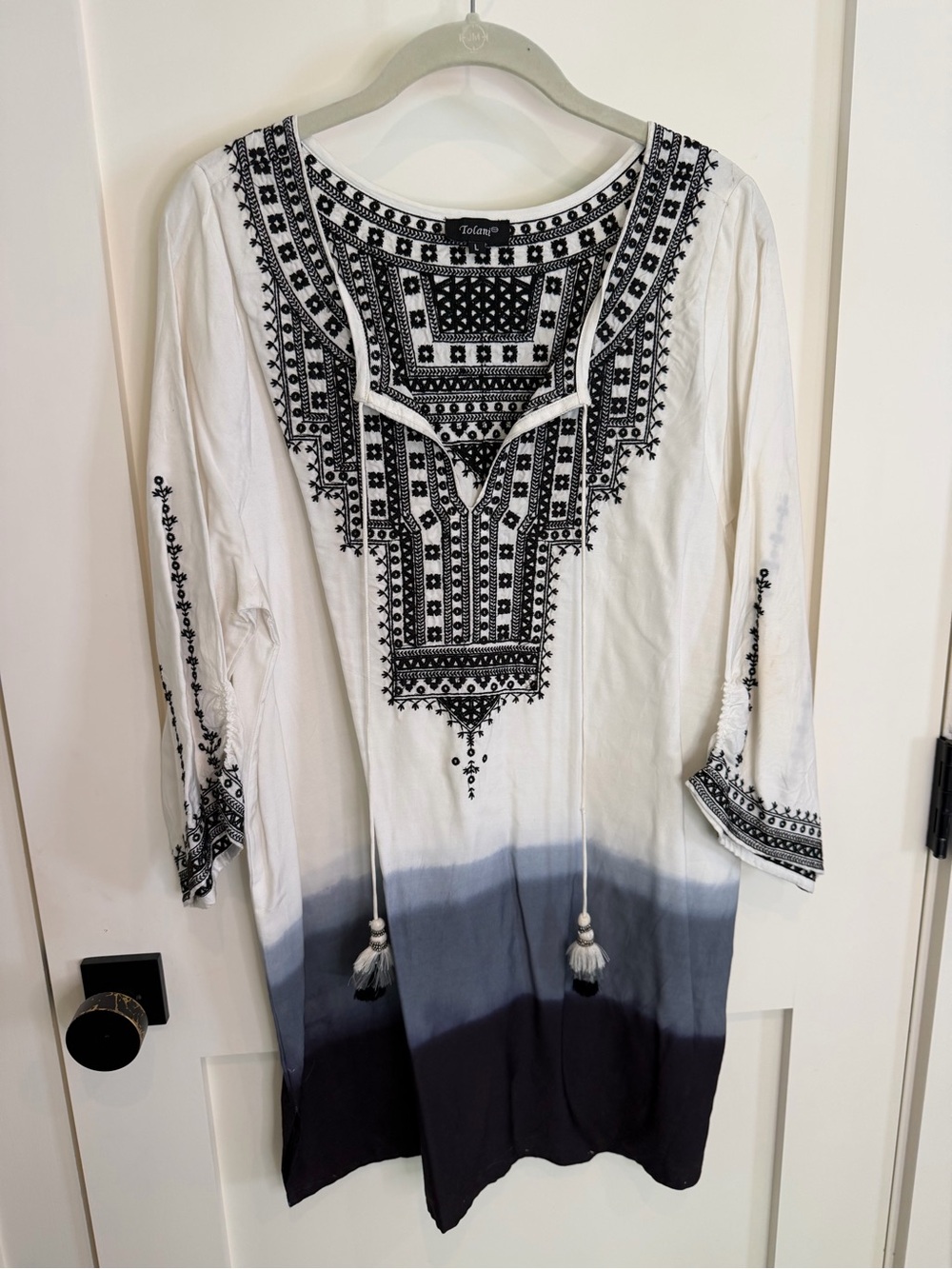 Tolani White Tunic with Black Embroidered Yoke and Navy Ombré Hem